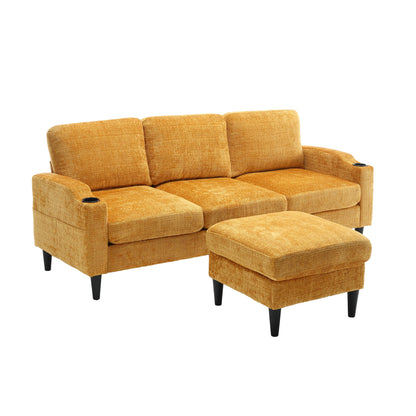 Sofa for three, solid wood frame, Chenille fabric, side pocket, with two cup holders, footstool with storagestorage sofa /Living room sofa cozy sectional sofa