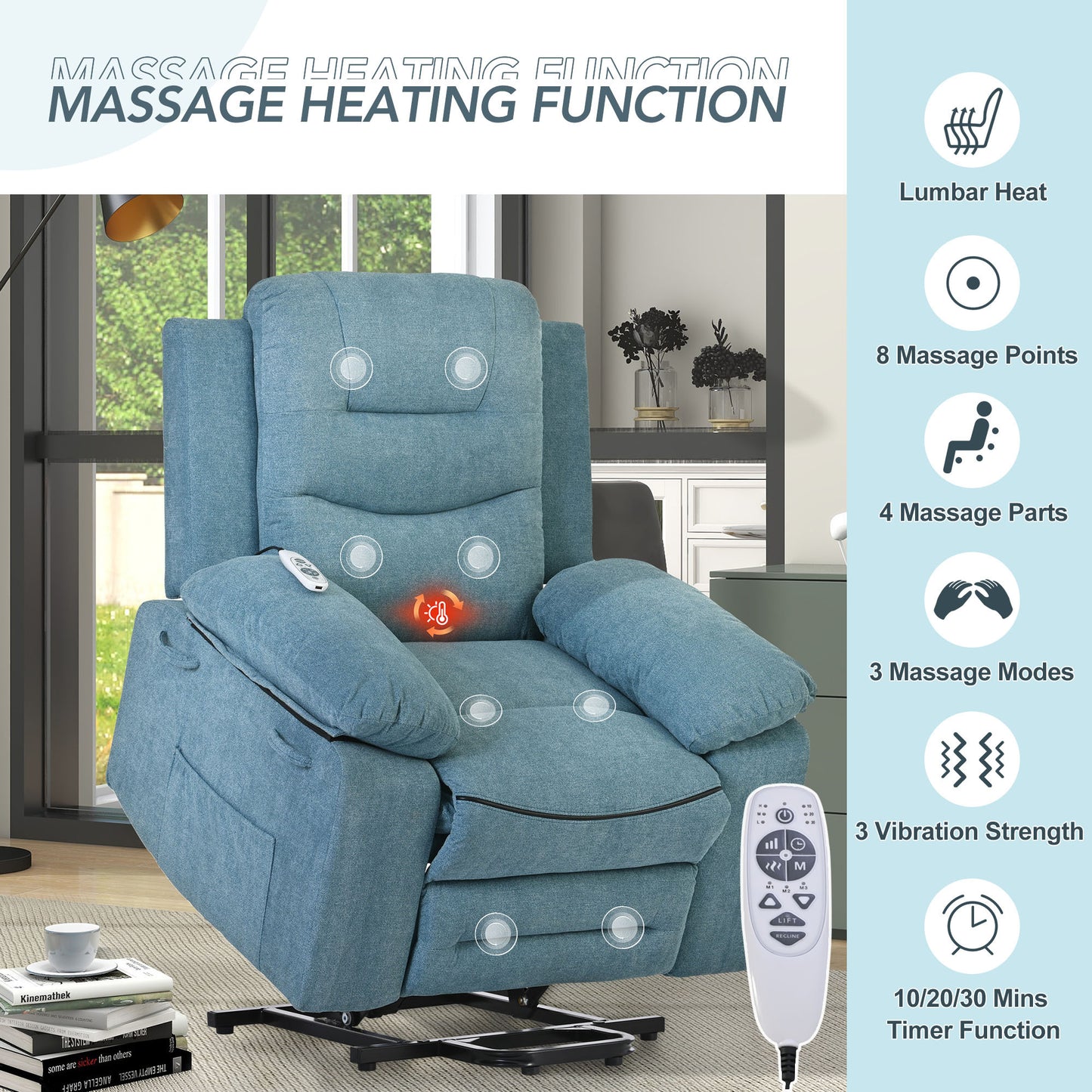 Massage Recliner,Power Lift Chair for Elderly with Adjustable Massage and Heating Function,Recliner Chair with Infinite Position and Side Pocket for Living Room,Blue