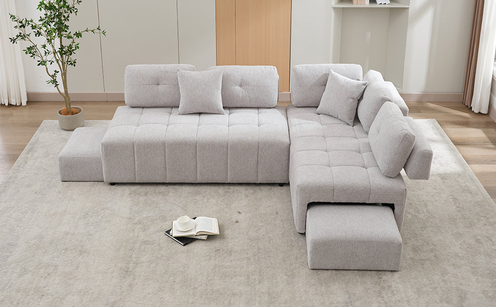 91.73" L-shaped Sofa Sectional Sofa Couch with 2 Stools and 2 Lumbar Pillows for Living Room, Light Grey