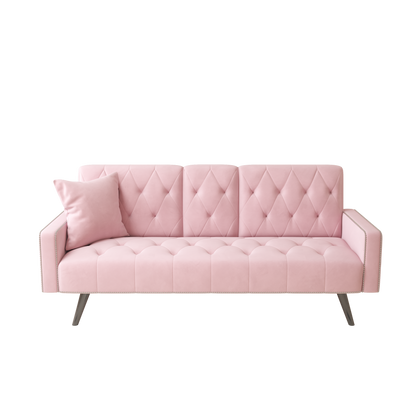 1730 Sofa Bed Armrest with Nail Head Trim with Two Cup Holders 72" Pink Velvet Sofa for Small Spaces