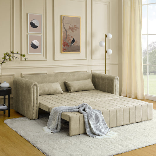 3 in 1 Pull-Out Bed Sleeper, Modern Upholstered 3 Seats Lounge Sofa & Couches with Rolled Arms Decorated with Copper Nails, Convertible Futon 3 Seats Sofabed with Two Drawers and Two Pillows