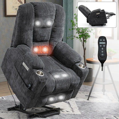 Large Power Lift Recliner Chair with Massage and Heat for Elderly, Overstuffed Wide Recliners, Heavy Duty Motion Mechanism with USB and Type C Ports, 2 Steel Cup Holders, Gray