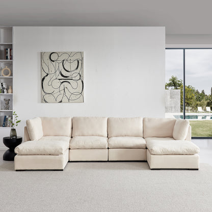 Modular Sofa with Ottoman,Filled with Down,Soft Linen Fabric,Beige