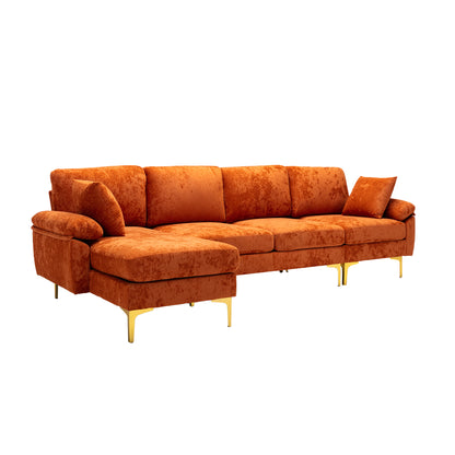 U-shape sectional sofa with Ottoman, Reversible Sofa Couch for Living Room,Spacious Furniture,Durable Couch Removable and machine washable cover (Orange Velvet)