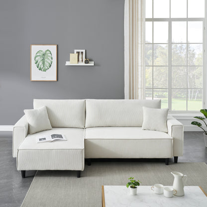 The 93-inch beige corduroy sofa bed comes with two pillows to fit in the living room and the apartment is not overcrowded