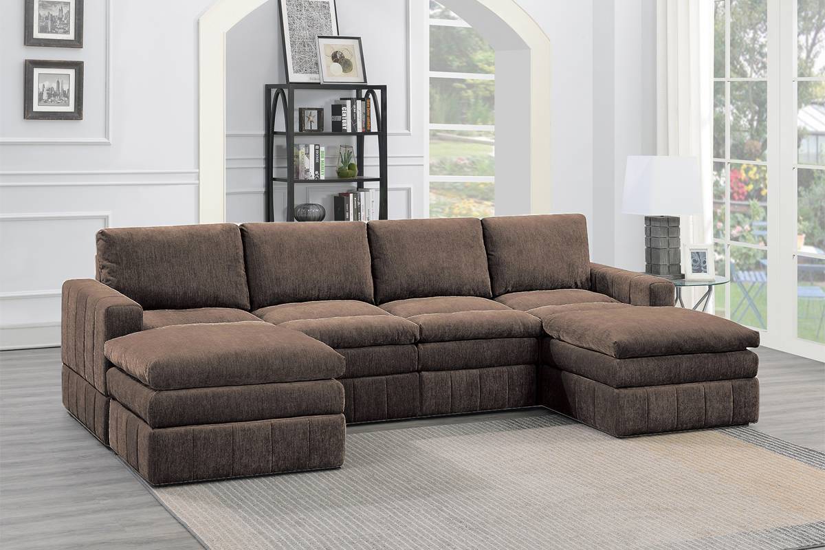 Contemporary 6pc Set Modular Sectional Set 2x One Arm Chair / Wedge 2x Armless Chairs 2x Ottomans Mink Morgan Fabric Plush Living Room Furniture