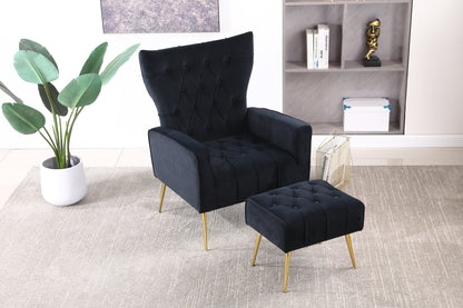 Modern Accent Chair with Ottoman, Comfy Armchair for Living Room, Bedroom, Apartment, Office (Black)