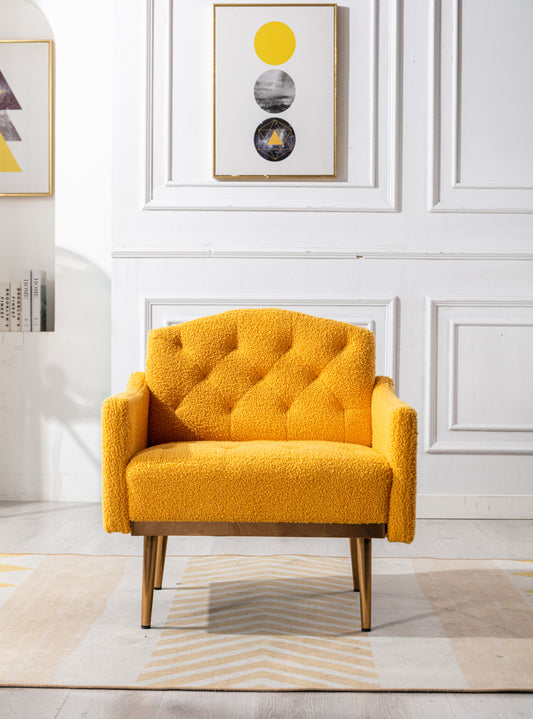 Modern Accent Chair with Arms, Tufted Decorative Fabric Armchair with Gold Metal Legs, Upholstered Reading Chair for Living Room Bedroom Office