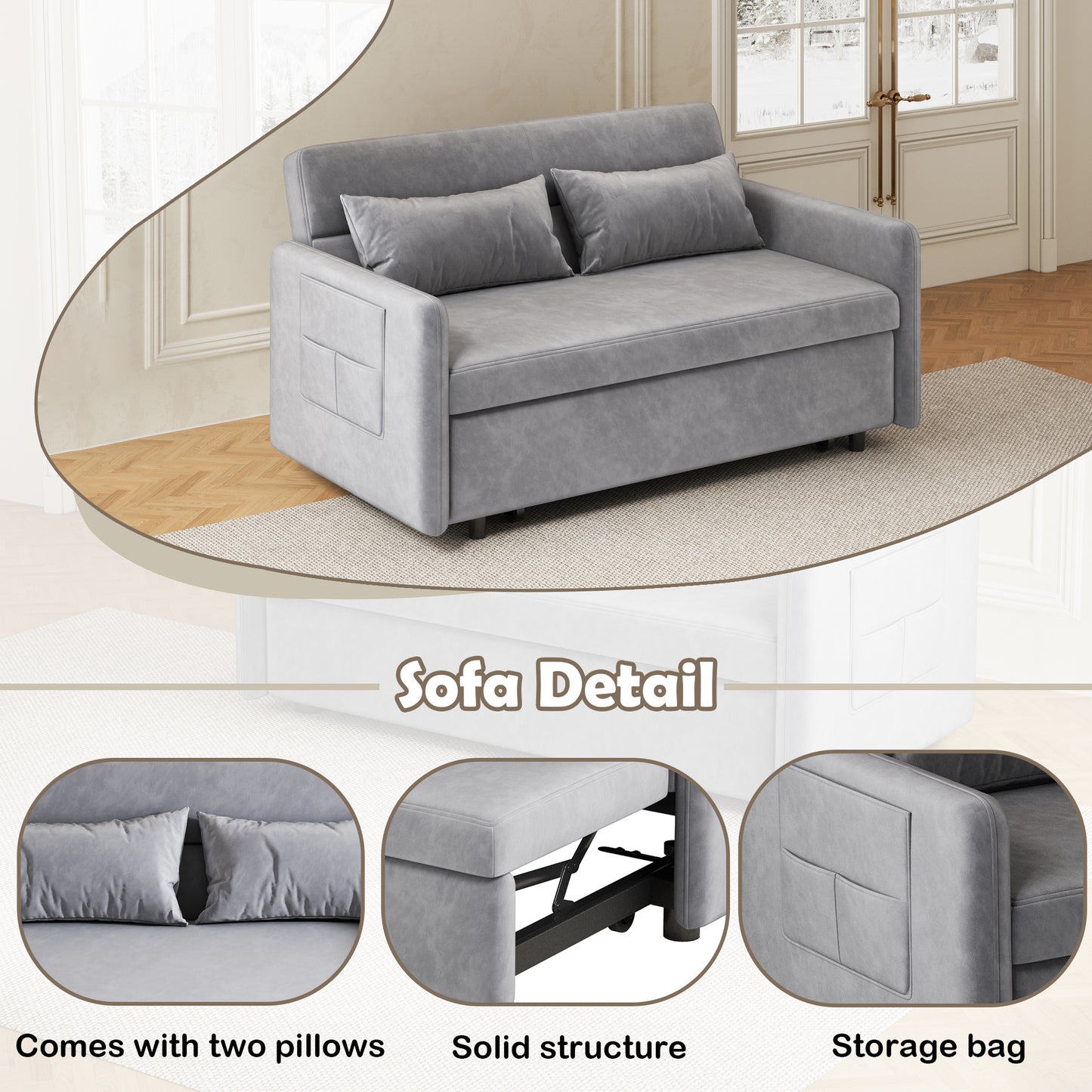 Sofa Pull Out Bed Included Two Pillows 54" Grey Velvet Sofa for Small Spaces