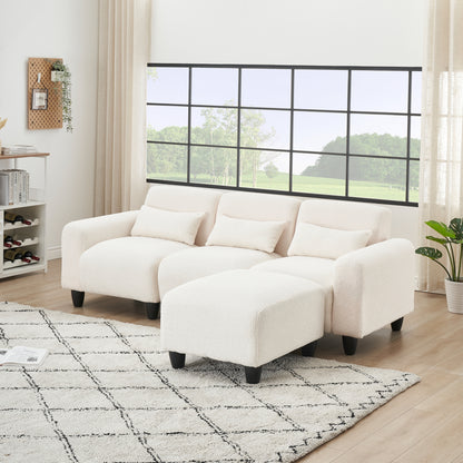 The 84.6-inch beige teddy fleece creative sofa can be assembled into a two-seater sofa plus a single couch with three waist pillows to perfectly stretch your waist for small apartment bedroom Spaces