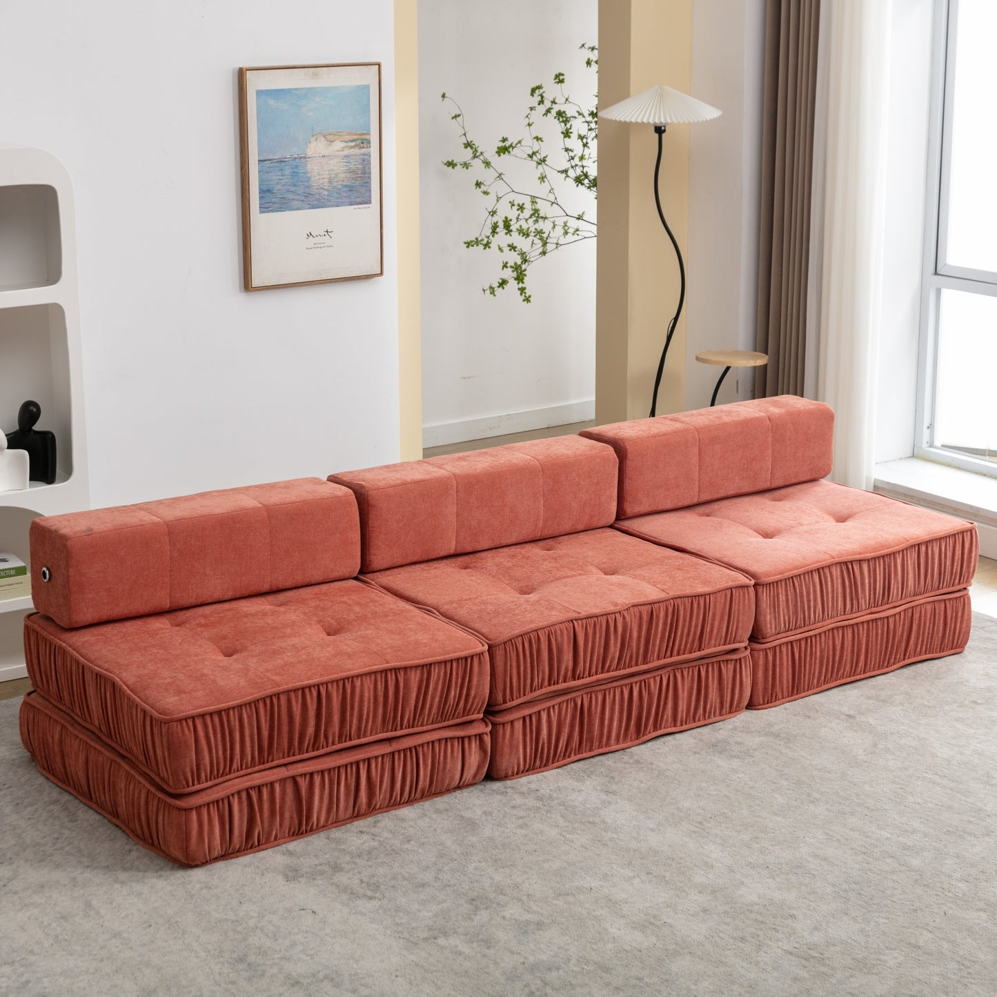 Folding Sofa Bed, Futon Sleeper Chair, Convertible Chair Floor Couch & Sleeping Mattress for Living Room, Guest Room, Home Office, Apartment, Small space, Bed, Removable Back Cushion, Orange, 1 Seat