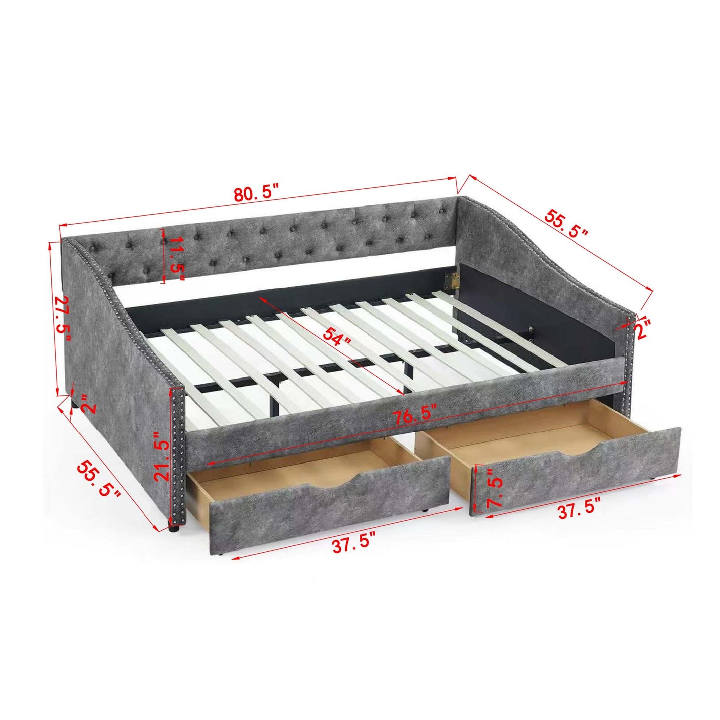 Full Size Daybed with Drawers Upholstered Tufted Sofa Bed, with Button on Back and Copper Nail on Waved Shape Arms, Grey (80.5''x55.5''x27.5'')