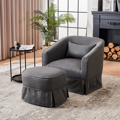 Swivel Barrel Chair With Ottoman, Swivel Accent Chairs Armchair for Living Room, Reading Chairs for Bedroom Comfy, Round Barrel Chairs with Black Metal Base (Dark Grey)