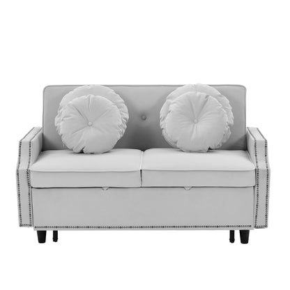 54.7" Multiple Adjustable Positions Sofa Bed Stylish Sofa Bed with a Button Tufted Backrest, Two USB Ports and Four Floral Lumbar Pillows for Living Room, Bedroom,or Small Space, Light Grey