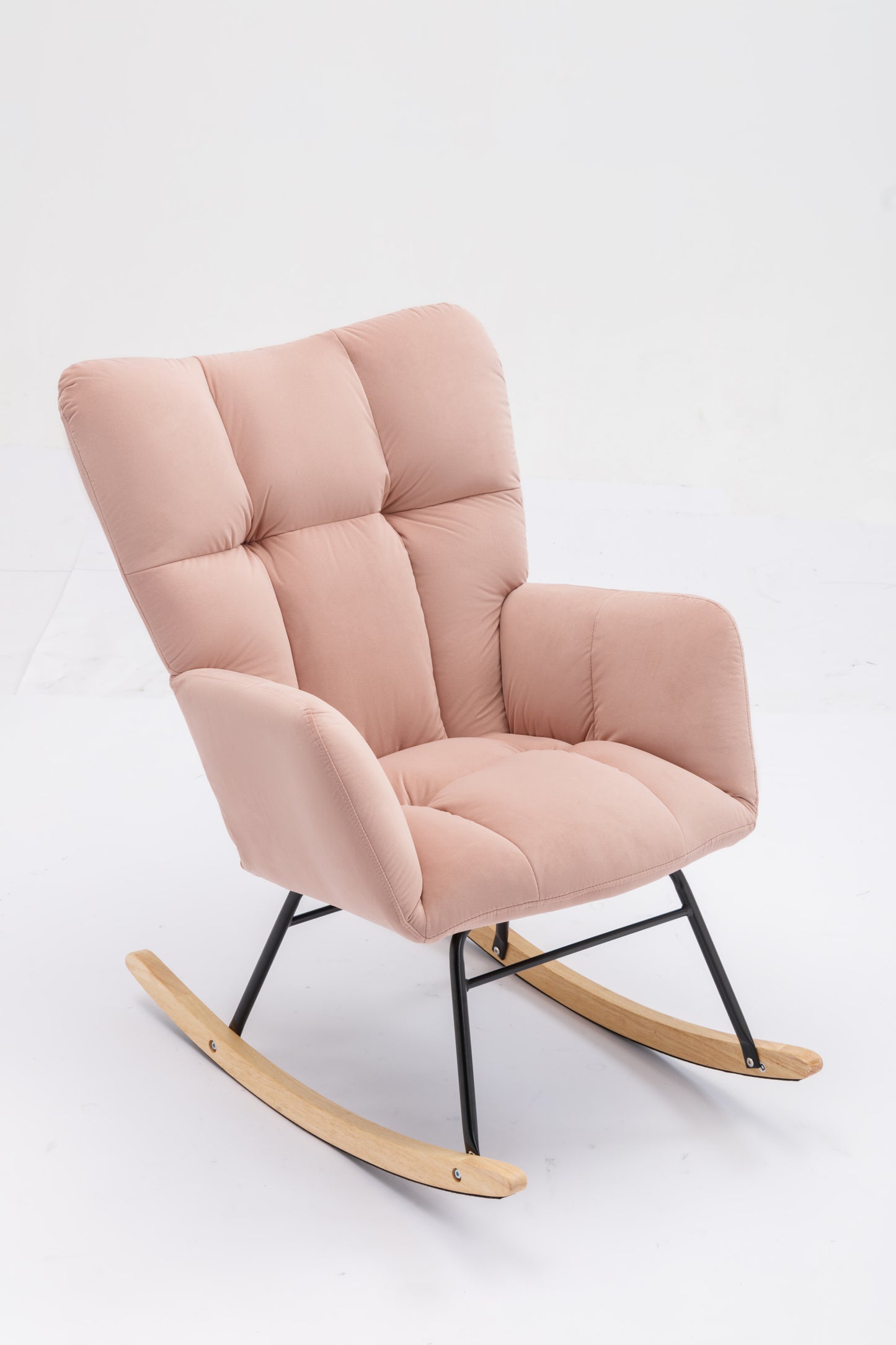 Mid Century Modern Velvet Tufted Upholstered Rocking Chair Padded Seat for Living Room Bedroom, Pink