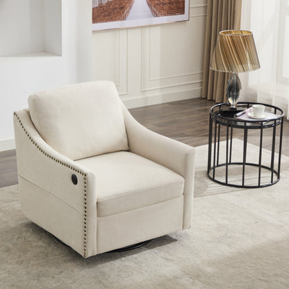 Cream white fabric swivel rotating accent chair with USB and magazine book for living room and hotel bed room