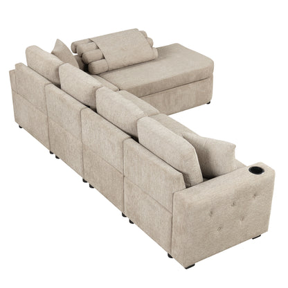 109.8"L-shaped Couch Sectional Sofa with Storage Chaise,Cup Holder and USB Ports for Living Room, Beige