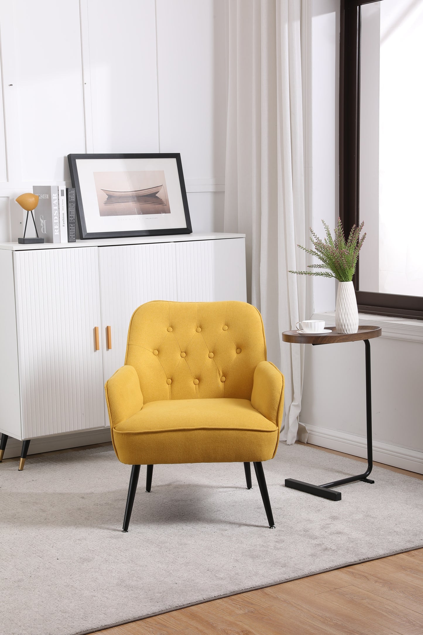 Modern Mid Century Chair Linen Sherpa Armchair for Living Room Bedroom Office Easy Assemble(Yellow)