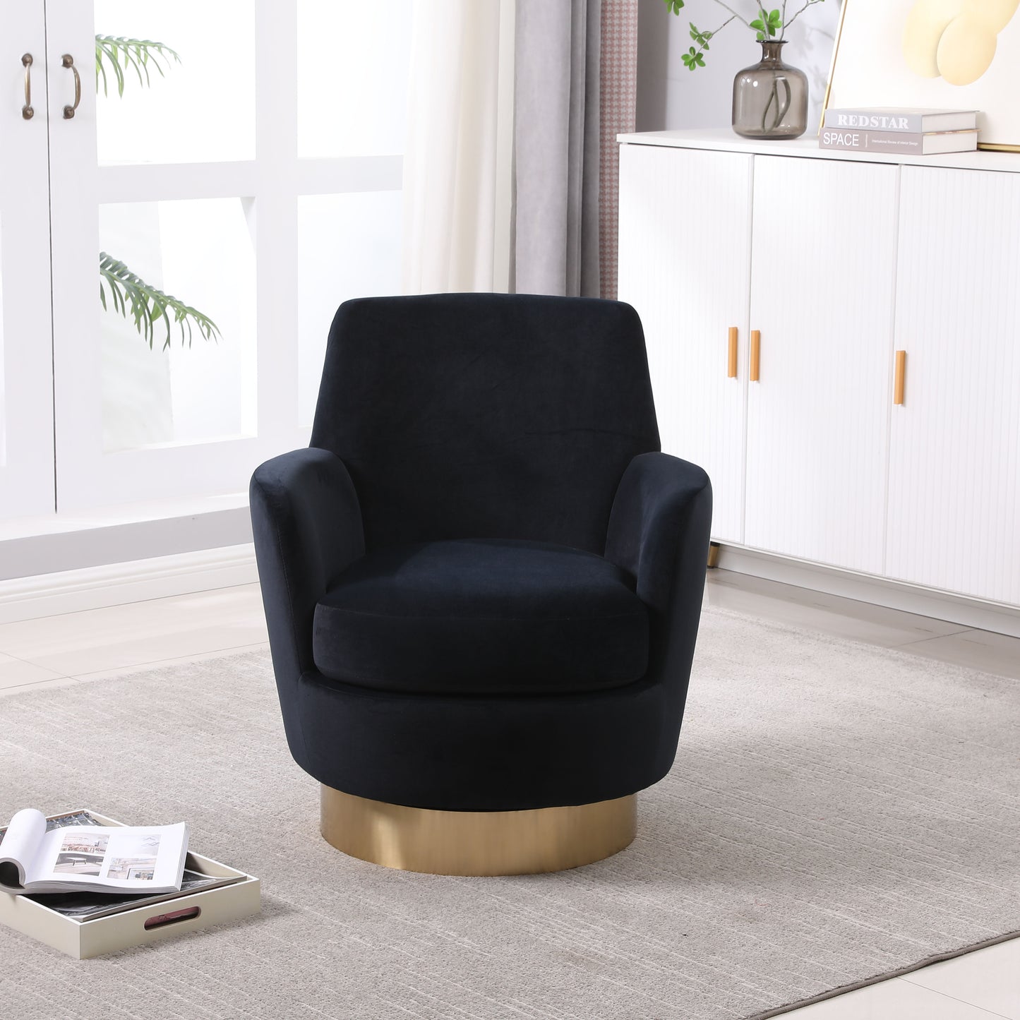 Velvet Swivel Barrel Chair, Swivel Accent Chairs Armchair for Living Room, Reading Chairs for Bedroom Comfy, Round Barrel Chairs with Gold Stainless Steel Base