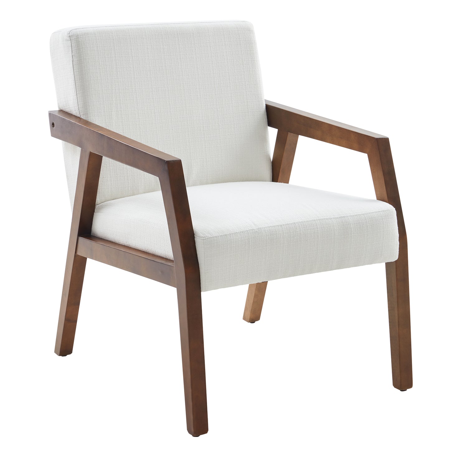 Solid Wooden Mid-Century Modern Accent Chair, Upholstered Arm Chair for Living Room, Bedroom, Linen Fabric Reading Chair, Side Chair, White