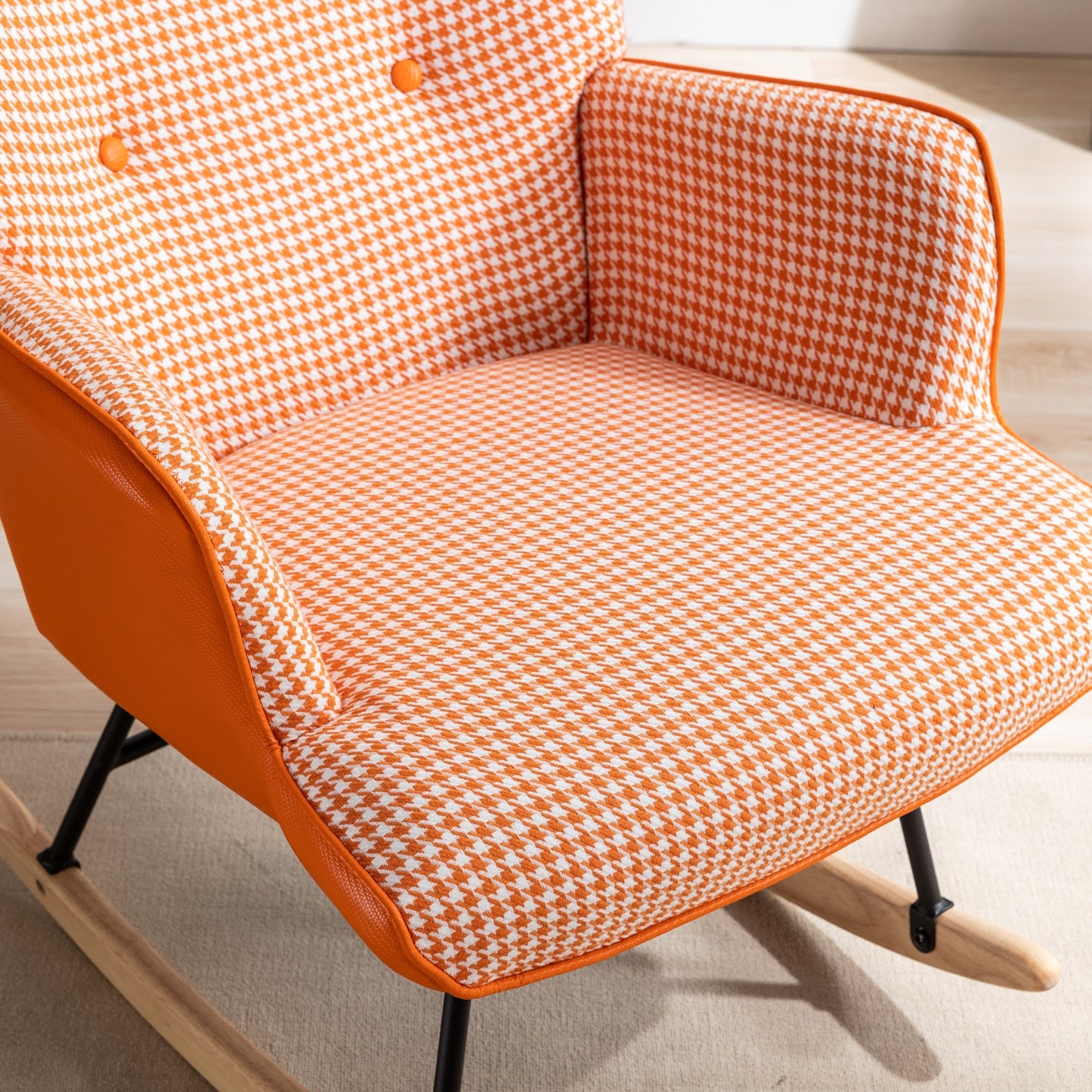 35.5 inch Rocking Chair, Soft Houndstooth Fabric Leather Fabric Rocking Chair for Nursery, Comfy Wingback Glider Rocker with Safe Solid Wood Base for Living Room Bedroom Balcony (orange)