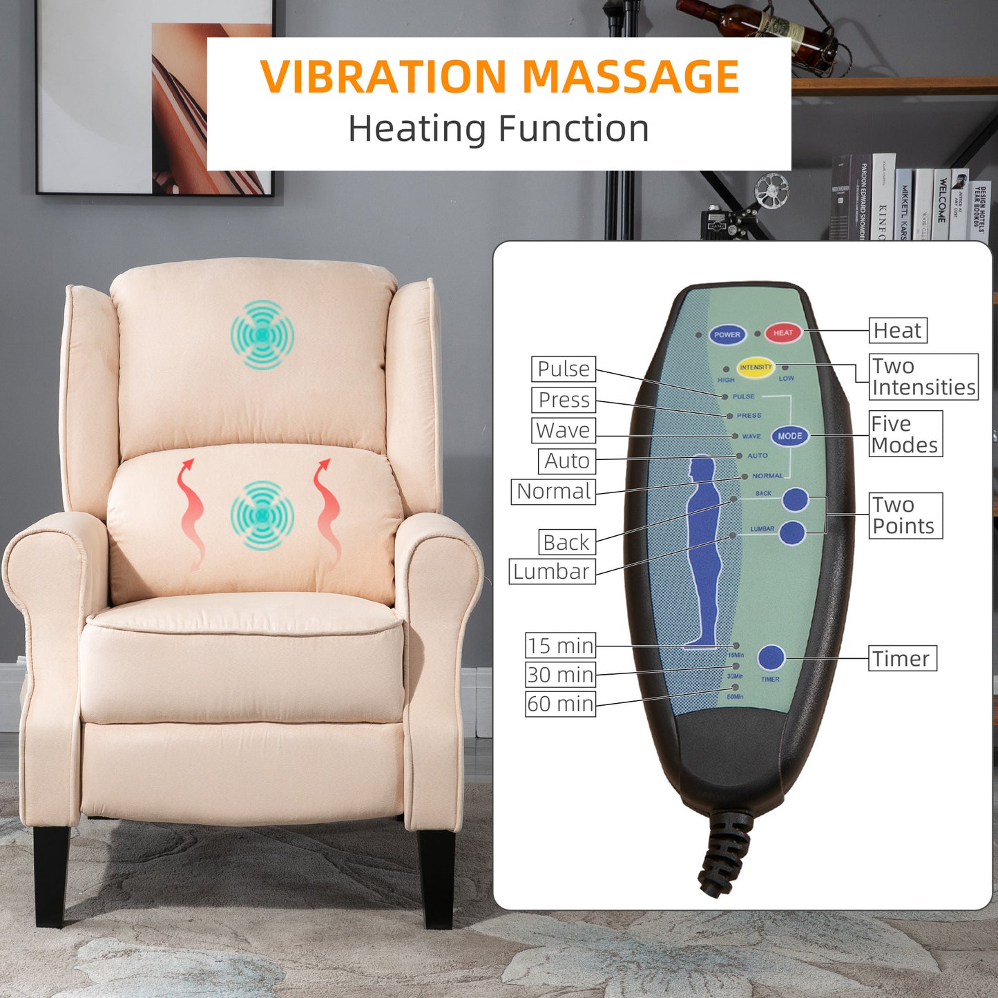 Massage Recliner Sofa Chair with Heat Function, Remote, Cream