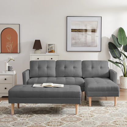 GREY Fabric Right Facing Sectional Sofa Bed, L-shape Sofa Chaise Lounge with Ottoman Bench