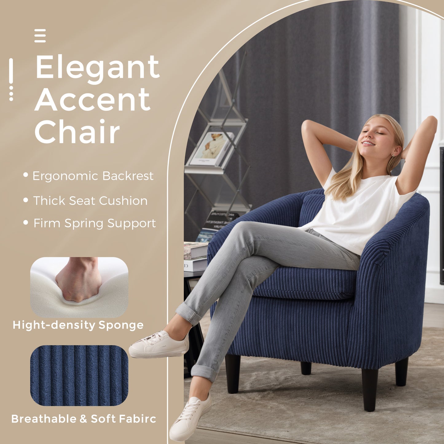 Living Room Accent Barrel Chair, Century Modern Style Decorative Chair, Armchair for Living Room with Thick Cushions and Pillows, Comfy Single Sofa Chair, Chair with Wooden Legs,Blue