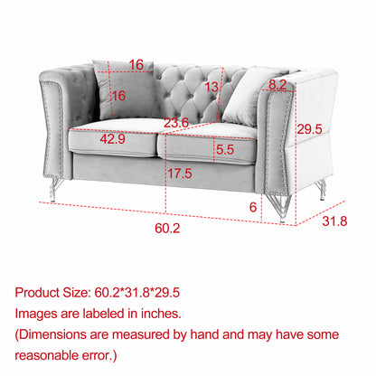 3-seater + 2-seater Combination Sofa Tufted Couch with Rolled Arms and Nailhead for Living Room, Bedroom, Office, Apartment, four pillows