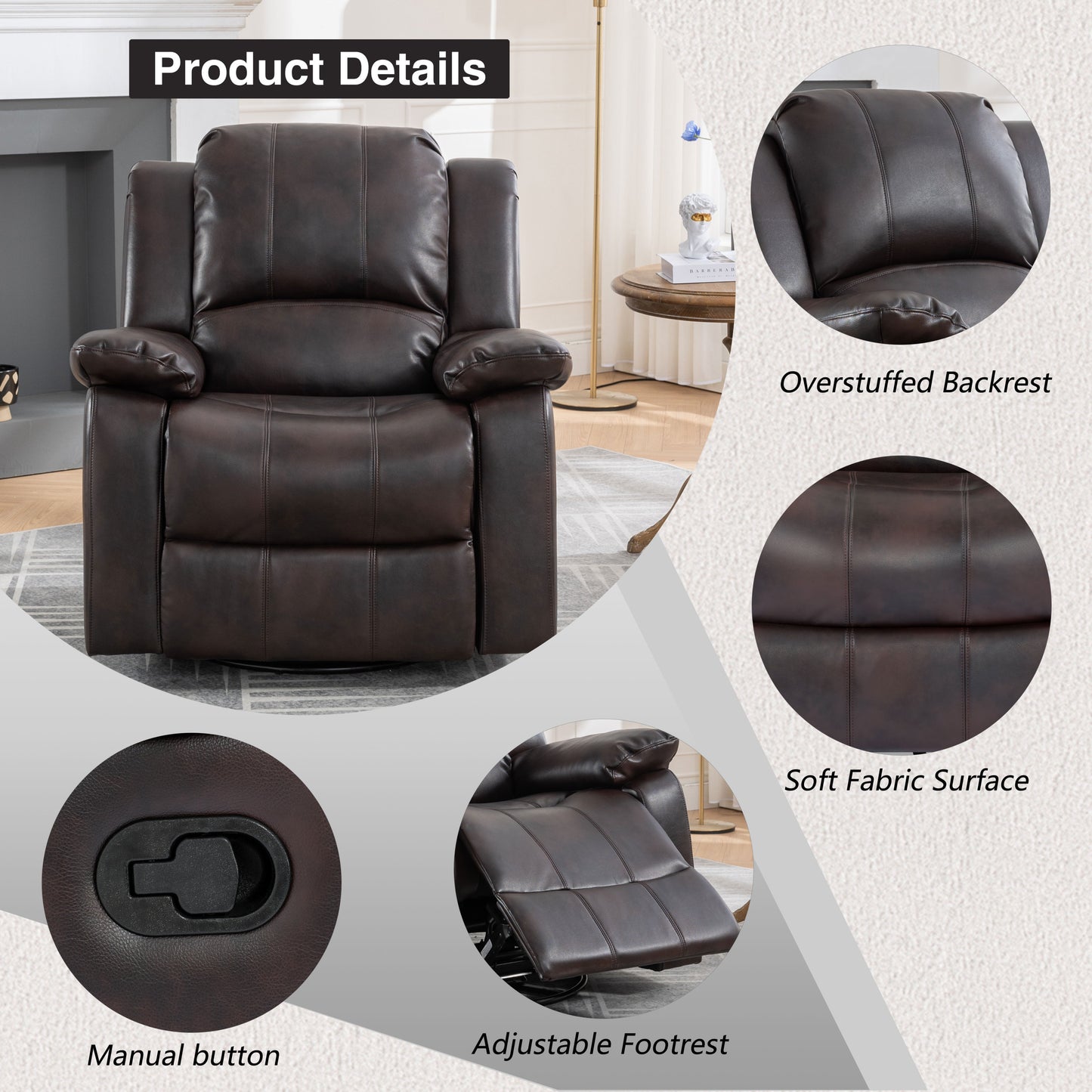 Swivel and Glider Recliner Chair,(Brown)