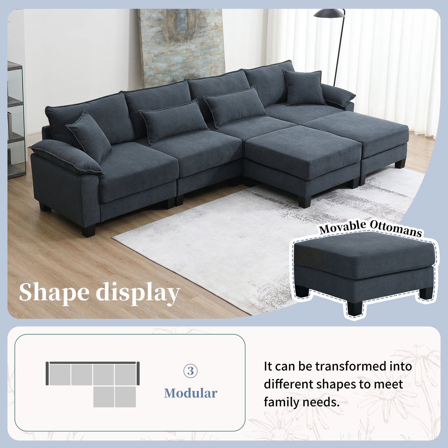 133*65" Corduroy Modular Sectional Sofa,U Shaped Couch with Armrest Bags,6 Seat Freely Combinable Sofa Bed,Comfortable and Spacious Indoor Furniture for Living Room, 2 Colors