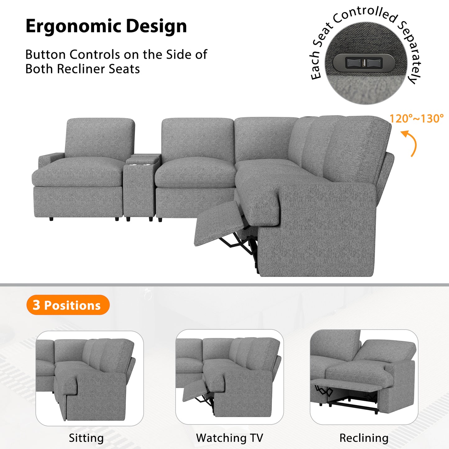 104'' Power Recliner Corner Sofa Home Theater Reclining Sofa Sectional Couches with Storage Box, Cup Holders, USB Ports and Power Socket for Living Room, Grey