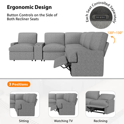 104'' Power Recliner Corner Sofa Home Theater Reclining Sofa Sectional Couches with Storage Box, Cup Holders, USB Ports and Power Socket for Living Room, Grey