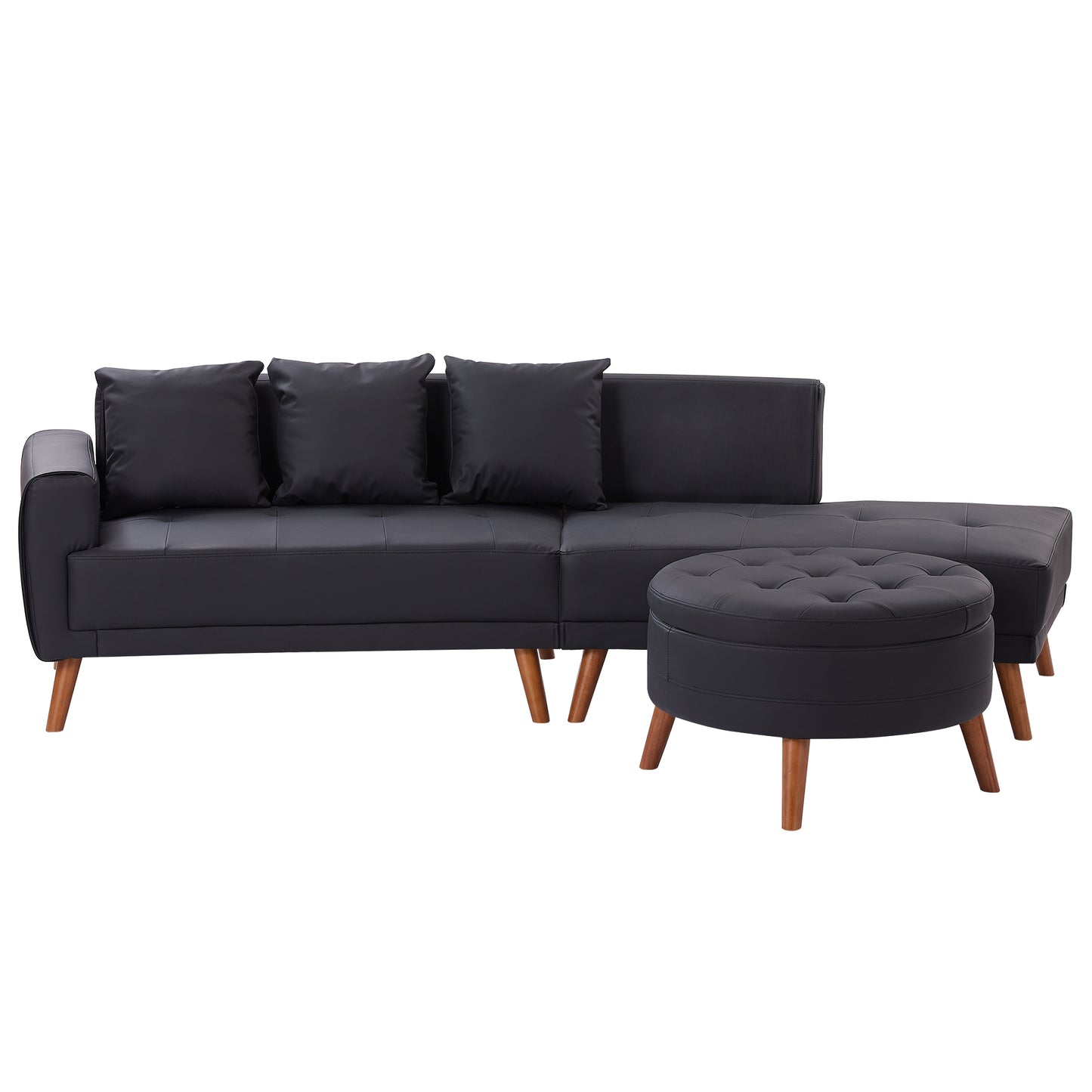 107" Contemporary Sofa Stylish Sofa Couch with a Round Storage Ottoman and Three Removable Pillows for Living Room, Black