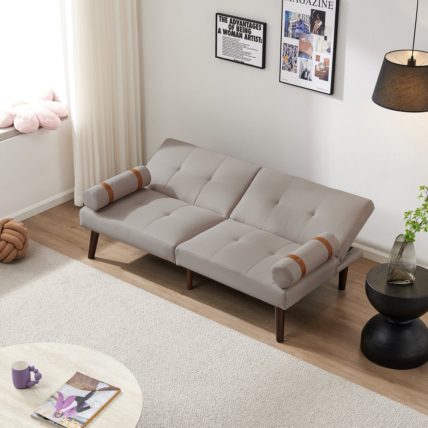 Convertible Sofa Bed Futon with Solid Wood Legs Linen Fabric Light Grey