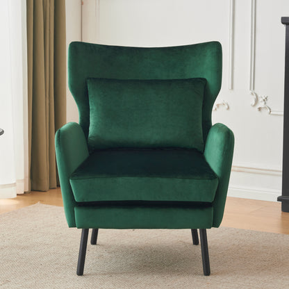 Velvet Accent Chair, Modern Living Room Armchair Comfy Upholstered Single Sofa Chair for Bedroom Dorms Reading Reception Room with Metal Legs & Pillow, Green