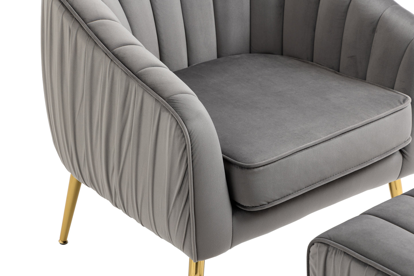 Velvet Accent Chair with Ottoman, Modern Tufted Barrel Chair Ottoman Set for Living Room Bedroom, Golden Finished, Grey