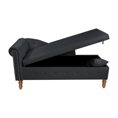 Black Chaise Lounge Indoor,Velvet Lounge Chair for Bedroom with Storage & Pillow,Modern Upholstered Rolled Arm Chase Lounge for Sleeping with Nailhead Trim for Living Room Bedroom Office