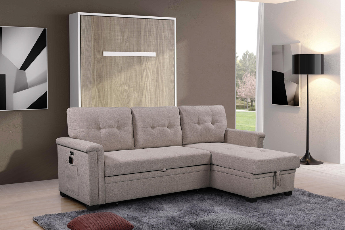 84" Light Gray Reversible Sleeper Sectional Sofa with Storage Chaise, USB Charging Ports and Pocket