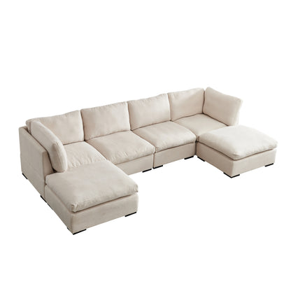 Modular Sofa with Ottoman,Filled with Down,Soft Linen Fabric,Beige