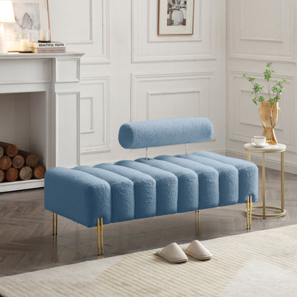 53.2" Width Modern End of Bed Bench Sherpa Fabric Upholstered 2 Seater Sofa Couch Entryway Ottoman Bench Fuzzy Sofa Stool Footrest Window Bench with Gold Metal Legs for Bedroom Living Room,Light Blue