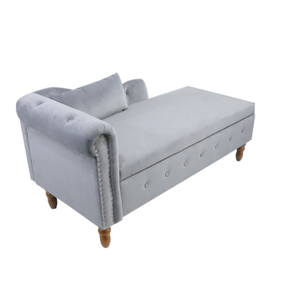 Grey Chaise Lounge Indoor,Velvet Lounge Chair for Bedroom with Storage & Pillow,Modern Upholstered Rolled Arm Chase Lounge for Sleeping with Nailhead Trim for Living Room Bedroom Office