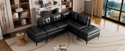 94.88" L-Shaped Corner Sofa Pu Leather Sectional Sofa Couch with Movable Storage Ottomans for Living Room, Black