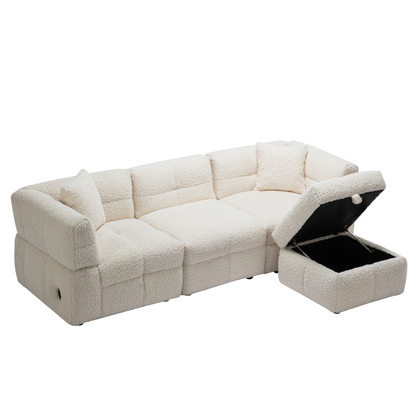 87.7" Sectional Sofa Cozy Teddy Fleece Fabric Sectional Sofa Couch with Two USB Ports a Movable Storage Ottoman and Two Lumbar Pillows for Living Room, Creamy White