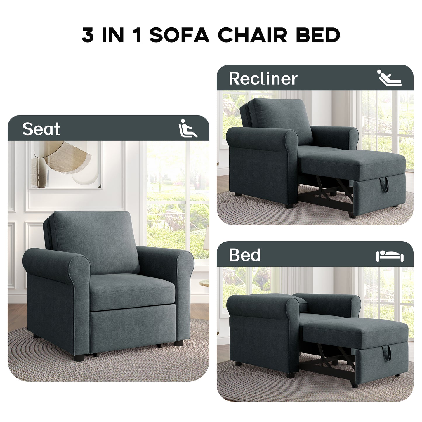 3-in-1 Sofa Bed Chair, Convertible Sleeper Chair Bed,Adjust Backrest Into a Sofa,Lounger Chair,Single Bed,Modern Chair Bed Sleeper for Adults,Deep Blue(Old sku:WF301161AAD)