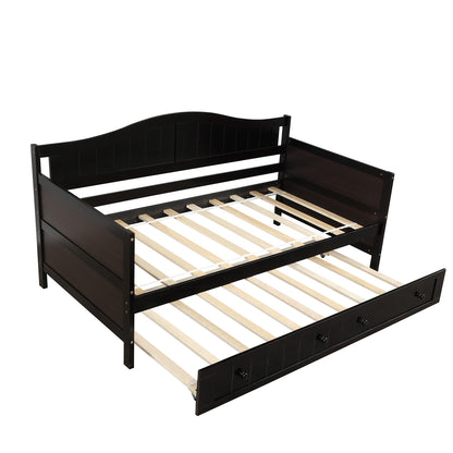 Wooden Daybed with Trundle Bed, Sofa Bed for Bedroom Living Room, Espresso