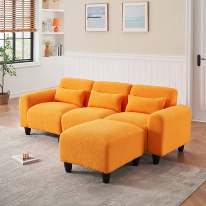 The 84.6-inch orange teddy fleece creative sofa can be assembled into a two-seater sofa with a single couch with three waist pillows to perfectly stretch your waist for small apartment bedroom Spaces