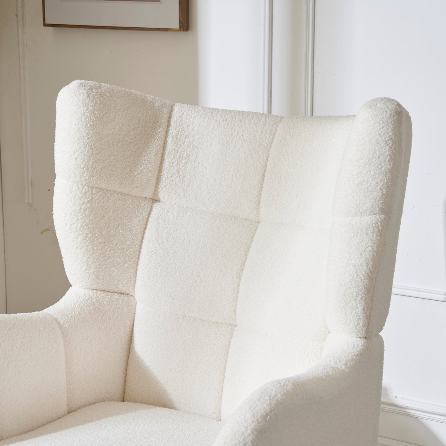 Mid-Century Accent Chair, Ivory White, Modern Retro Club Chair, Birch Frame, Upholstered Teddy Wool Fabric, Single Sofa Armchair for Small Spaces, Living Room, Bedroom, Reading Corner, Balcony,Office