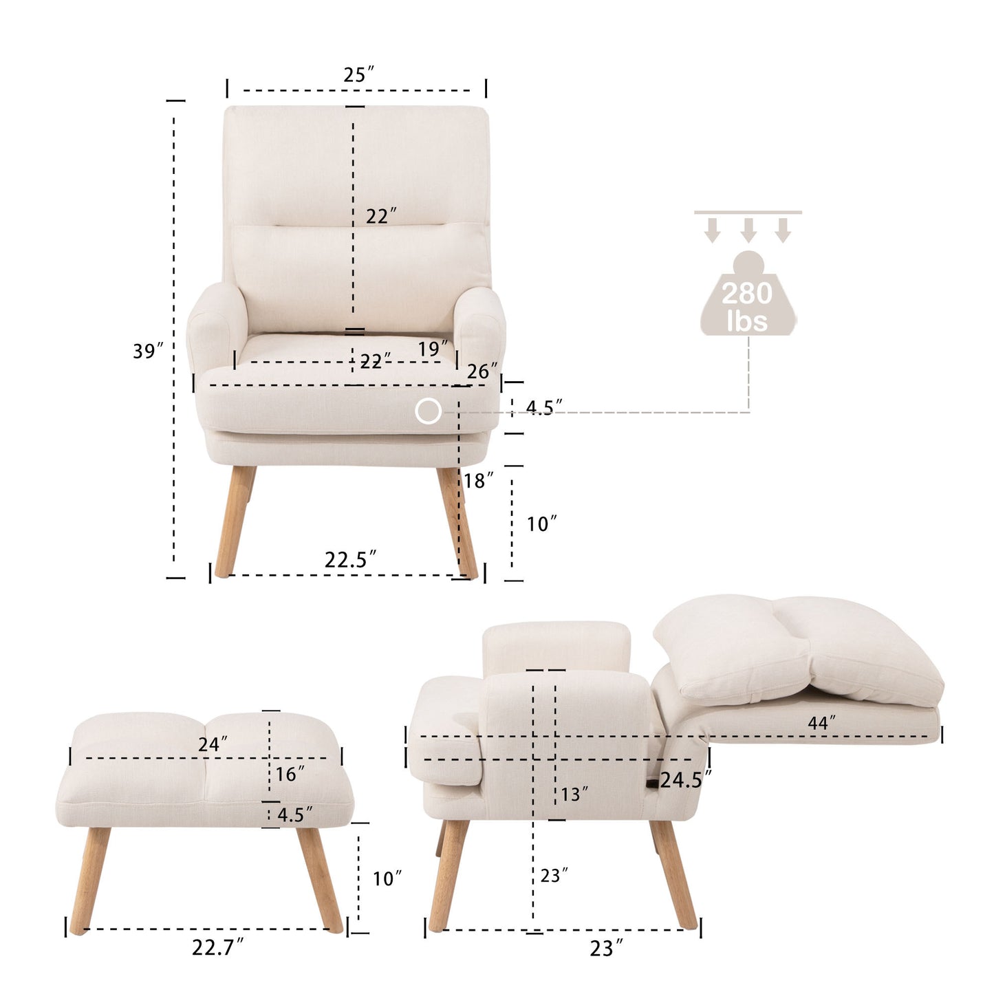 Accent Chair with Ottoman Set, Fabric Armchair with Wood Legs and Adjustable Backrest, Mid Century Modern Comfy Lounge Chair for Living Room, Bedroom, Reading Room and Study