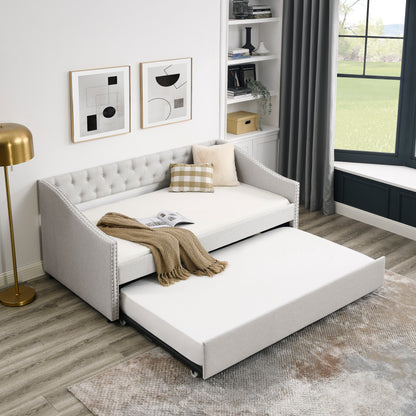 Size Daybed with Twin Size Trundle Upholstered Tufted Sofa Bed, with Button on Back and Copper Nail on Waved Shape Arms, Beige (80.5"x41"x30.5")